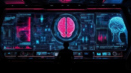 Cybernetic Brain: A futuristic interface displays intricate brain scans, data streams, and neural networks, showcasing advanced AI and neurotechnology.