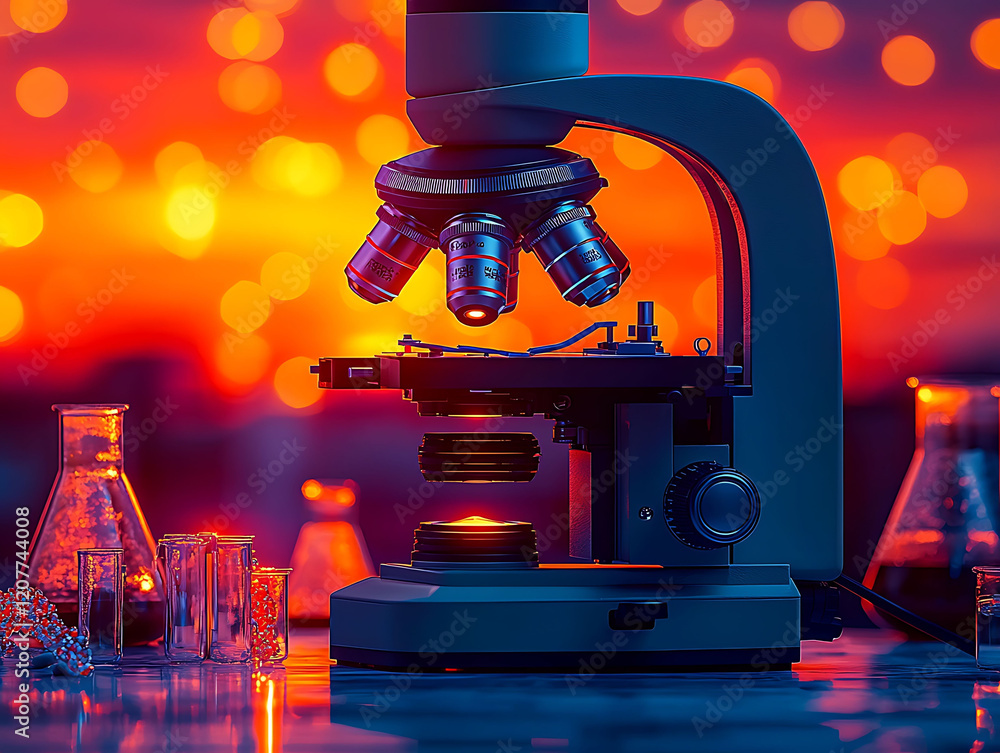 Aufkleber dramatic closeup of a microscope in a lab setting, illuminated by warm bokeh lights. perfect for sci