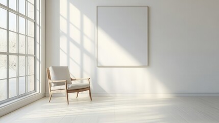 Fototapeta premium Bright living room interior featuring comfortable armchairs and a decorative drawer, with a blank wall ideal for mockups, showcasing a cheerful and inviting space.