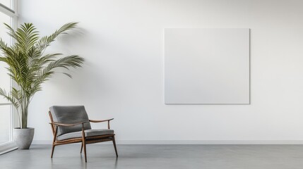 Bright living room interior featuring comfortable armchairs and a decorative drawer, with a blank wall ideal for mockups, showcasing a cheerful and inviting space.