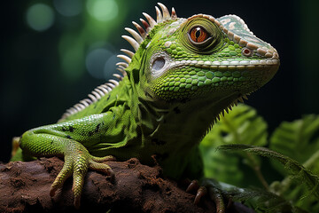 Obraz premium green lizard to crest close-up portrait. Generative AI