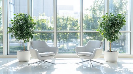 Fototapeta premium Bright waiting room interior featuring two comfortable armchairs positioned near a large panoramic window, creating a welcoming and airy atmosphere.
