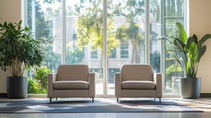 Bright waiting room interior featuring two comfortable armchairs positioned near a large panoramic window, creating a welcoming and airy atmosphere.