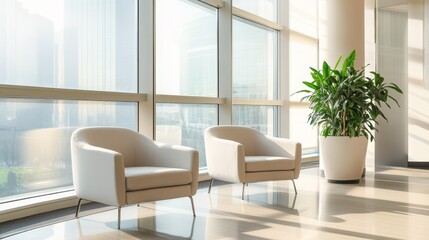 Fototapeta premium Bright waiting room interior featuring two comfortable armchairs positioned near a large panoramic window, creating a welcoming and airy atmosphere.