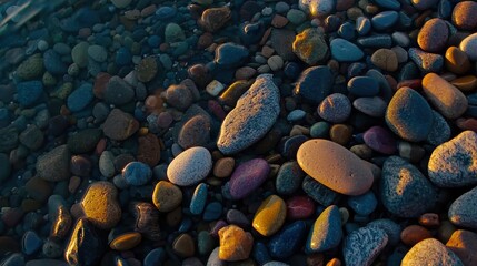 Close-up of colorful pebbles on sandy shore a serene nature photography moment