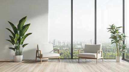Naklejka premium Bright waiting room interior featuring two comfortable armchairs positioned near a large panoramic window, creating a welcoming and airy atmosphere.