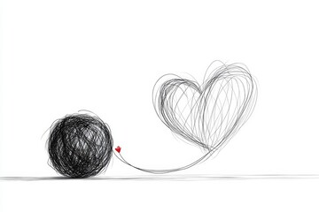 A minimalist illustration of a single ball of knitting yarn with a strand looping into a heart shape, drawn in simple lines on a plain white background