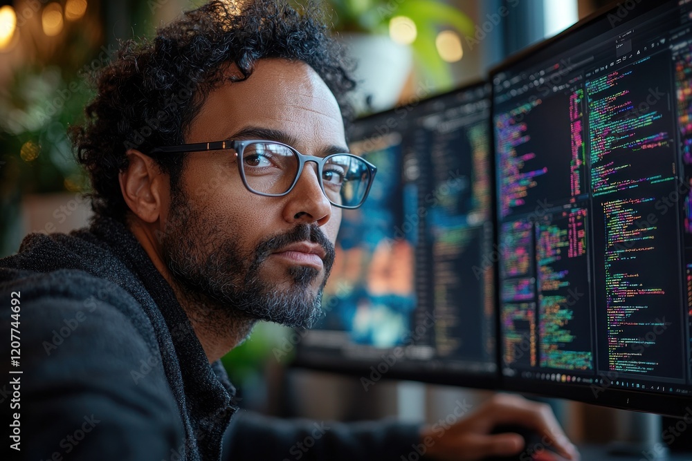 Poster focused individual working on multiple computer screens displaying code in a modern office