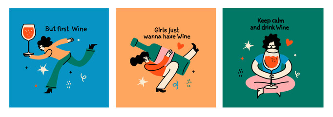 Groovy hand drawn cards with wine bottle and wine glass illustrations with funny quotes . Art for greeting cards, wedding invitations, poster design, postcards, branding, logo design, background.