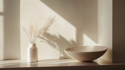 Minimalist interior design in soft beige and cream tones with a decorative vase and bowl on a light shelf illuminated by natural sunlight.