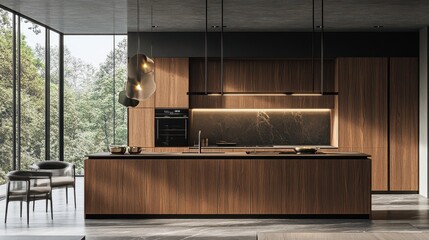 Stylish home kitchen interior with wooden cooking cabinets and a panoramic window, showcasing a modern and elegant cooking space.