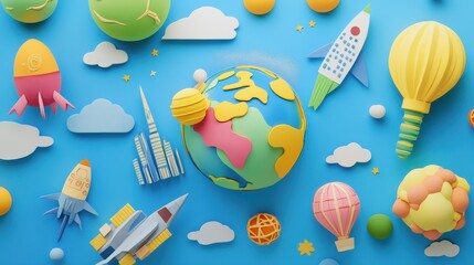 World in flat design top view futuristic theme cartoon drawing colored pastel. 