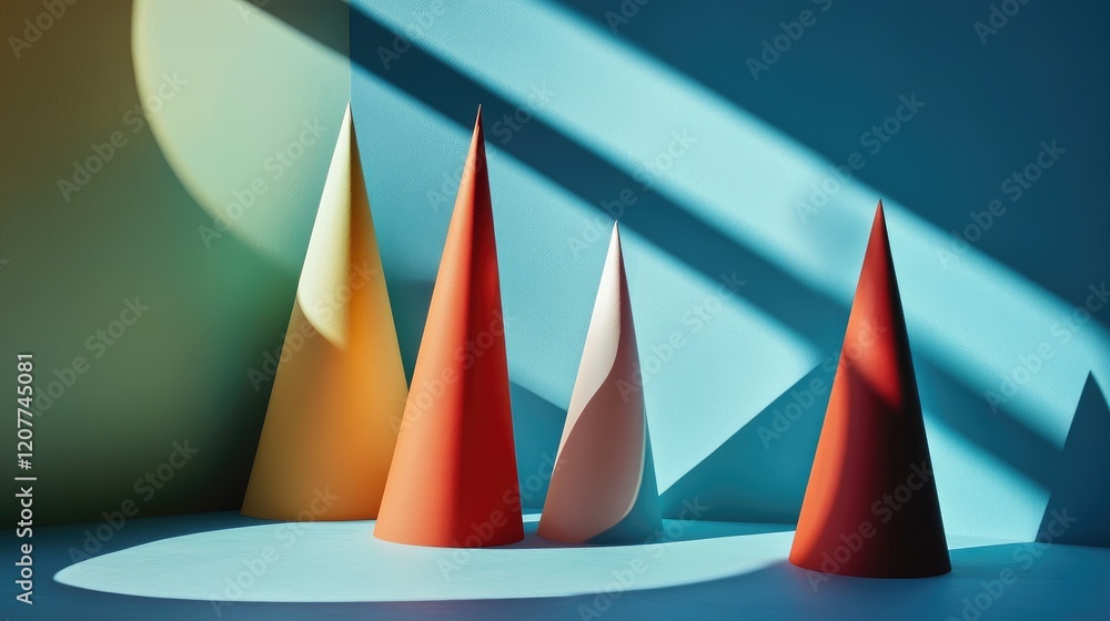 Poster minimalist abstract scene featuring colorful cones casting soft elongated shadows on a contrasting b