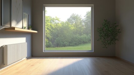 Serene Room with a View: Minimalist Interior Design Featuring a Large Window Overlooking Lush Greenery