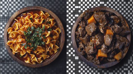 Culinary art cozy rustic kitchen serving delicious pasta and beef dish