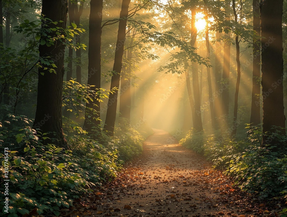 Poster a serene forest scene with sunlight filtering through the trees, casting warm rays of light onto the forest floor. The path in the center is illuminated by the sun's rays, creating a peaceful and invi