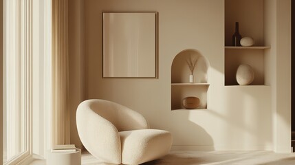 The beige hotel interior is designed for relaxation, featuring a comfortable armchair and a stylish shelf adorned with decorative items.