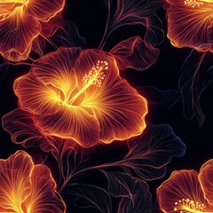 Seamless Pattern - Glowing Hibiscus Flowers on Dark Background
