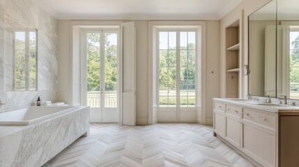 Obraz premium The bright bathroom features large windows that allow natural light to flood the space, highlighting the elegant marble walls and herringbone wood floor.