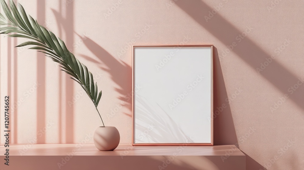 Poster minimalist geometric product display featuring a blank copper frame on a soft pink table with a ligh