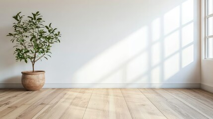 Minimalist home office interior featuring a potted plant in a light brown pot, white wall, and wooden flooring, side lighting from large windows.