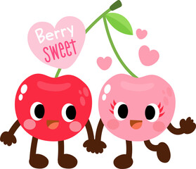 Cute Cartoon Cherries Holding Hands Illustration