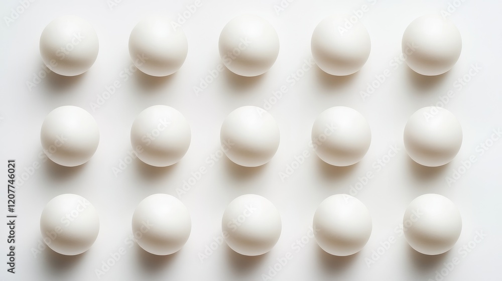 Poster minimalist composition featuring a grid of white spheres arranged on a clean white background for a 