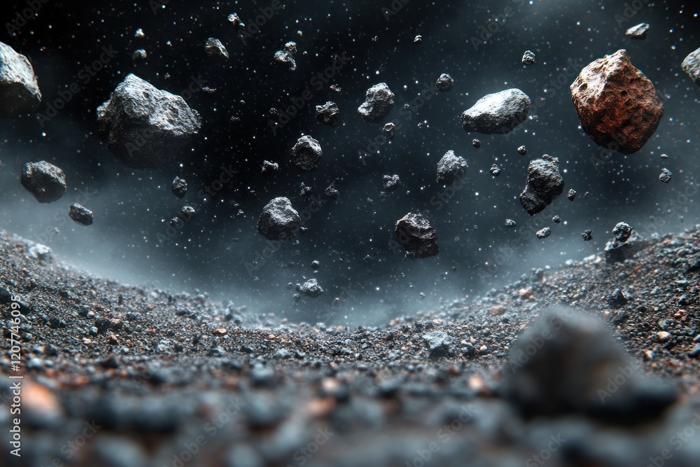 Poster a dramatic view of a rocky asteroid field with floating debris in space