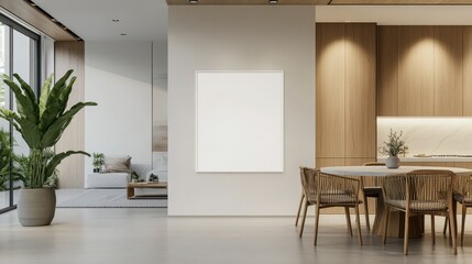 Fototapeta premium The bright dining and living room interior features a spacious, well-lit area with a clean design.