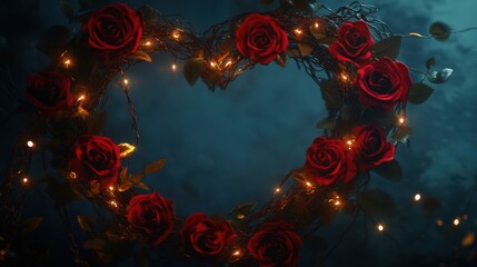 Red Roses and Lights Form a Heart Shape