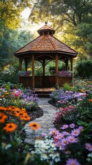 Colorful flower garden with stone path leading to gazebo under cloudy sky