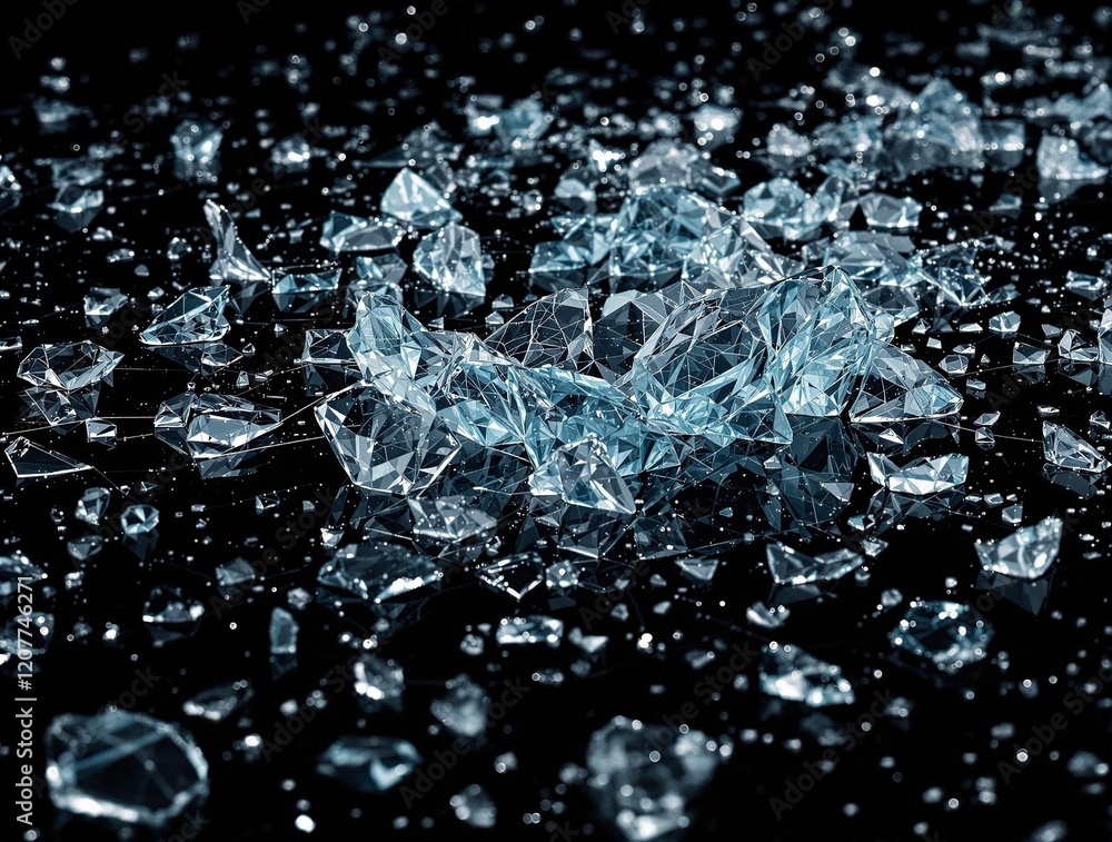 Poster a close-up of shattered glass on a dark, reflective surface. the pieces of glass are scattered in va