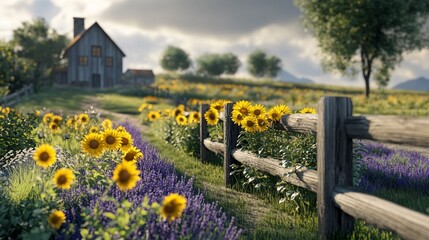 Fototapeta premium Sunflowers and Lavender by a Rustic Farmhouse