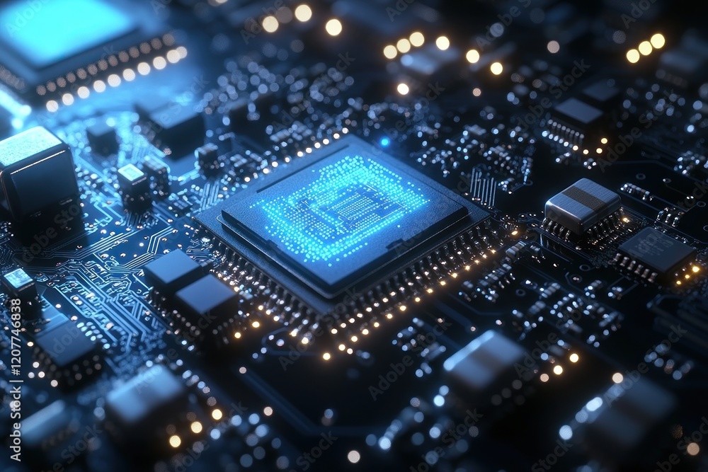 Poster close-up of a futuristic microchip on a circuit board with glowing elements