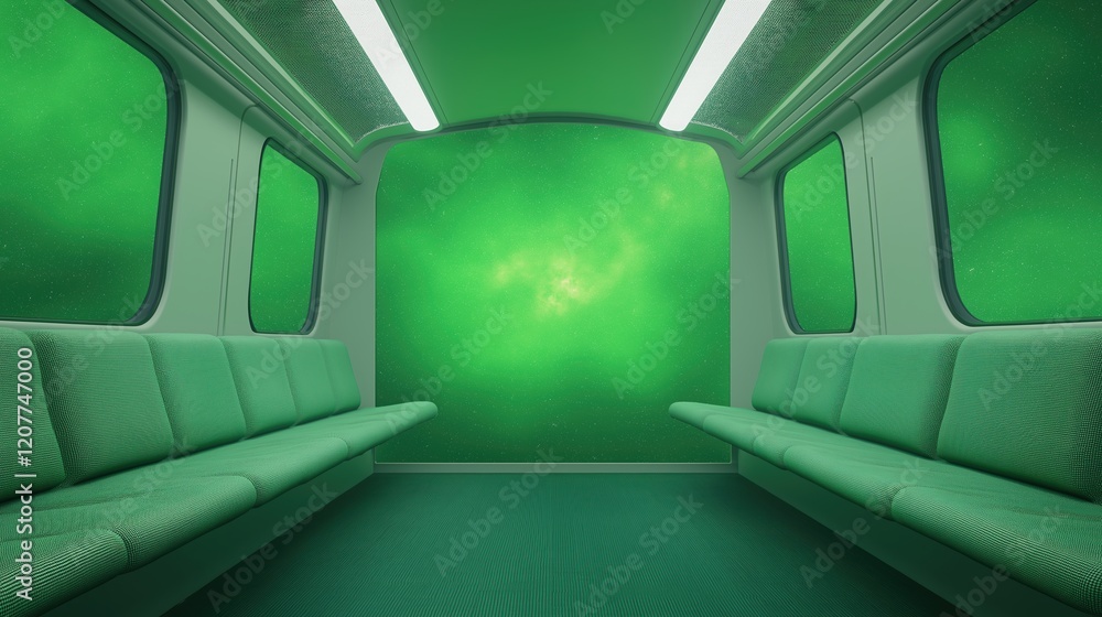 Poster silent train carriage with green screen windows for innovative digital display or creative backgroun