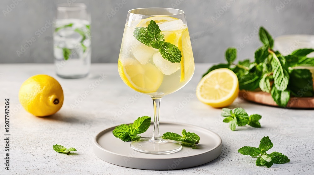 Poster refreshing lemon drink with ice and mint leaves on a gray background in a bright setting