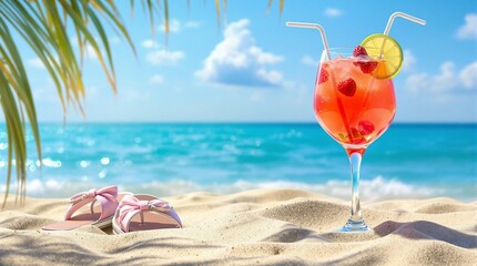 A tropical beach scene shows a glass of colorful drink with a straw and lime wedge, a seashell, and palm fronds in the foreground, and the ocean in the background.