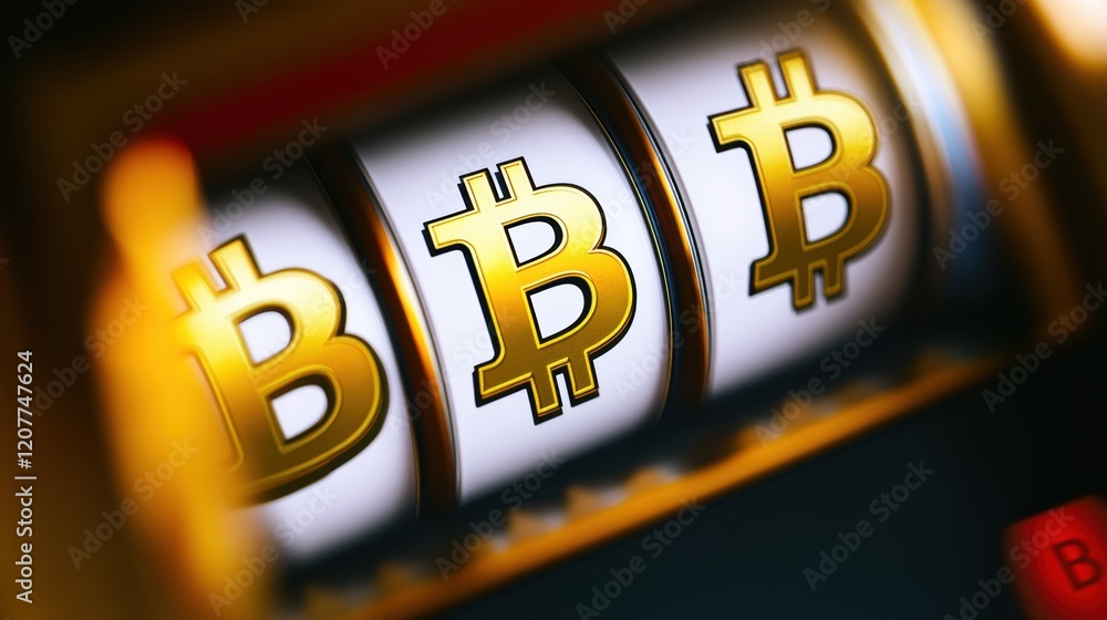 Poster a close-up of a slot machine displaying bitcoin symbols, highlighting the intersection of cryptocurr