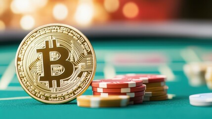 A shiny Bitcoin coin is placed beside colorful poker chips on a casino table, symbolizing cryptocurrency gambling.