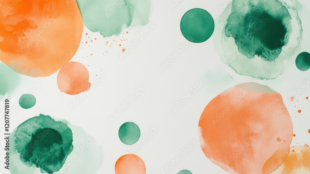 Poster abstract watercolor background featuring vibrant green and orange paint blobs in a minimalist design
