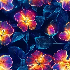 Seamless Pattern - Vibrant neon hibiscus flowers and leaves