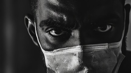 Close-up portrait of a man with a medical mask and intense expression, highlighted in black and white, reflecting emotion and concern.
