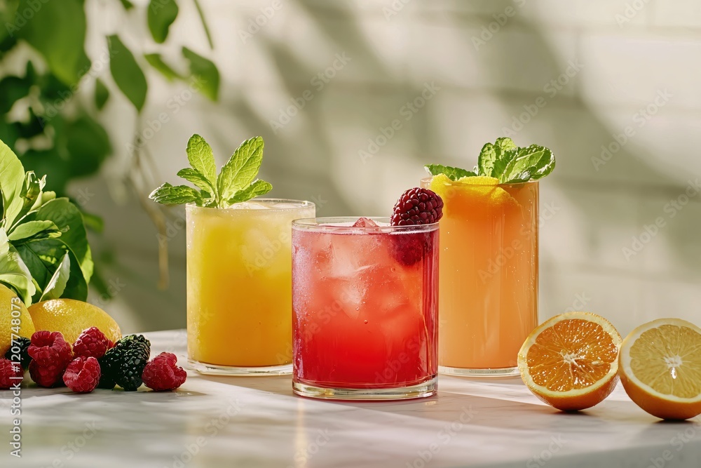 Poster refreshing colorful drinks with fruit and mint on a marble surface in natural light