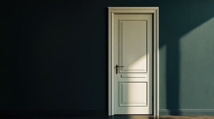 Isolated White Door on Dark Green Wall with Shadows in Dimly Lit Room Minimalist Interior Conceptual Photography