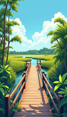 Wooden walkway through marshland for materials and publications for World Wetlands Day