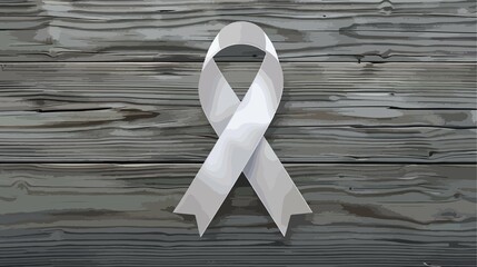 Grey Ribbon on Wooden Background: Cancer Awareness Concept Top View