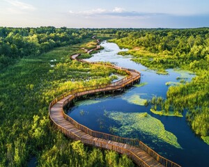 Fototapeta premium Serene Aerial View of Curved Wooden Pathway Through Lush Wetlands