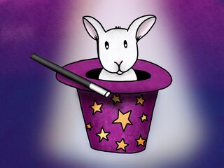 Magician's hat on stage with bright lighting. Inside the hat, there is a white rabbit, and a magician's wand is placed on top of the hat.