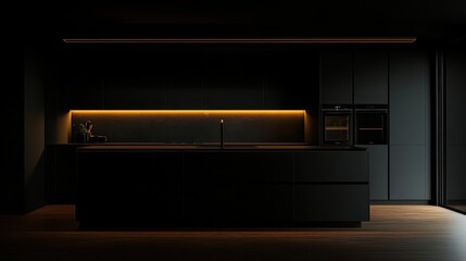 Obraz premium The dark home kitchen interior features a sleek bar island and a cooking cabinet, creating a modern and stylish cooking space.