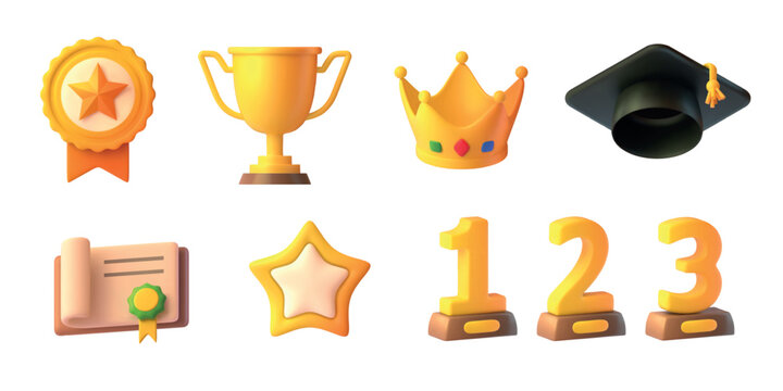 3D awards icons. Reward render, plastic golden trophy cup star achievement champion medal winner places, graduation cap prize certificate quality stamp garish vector illustration